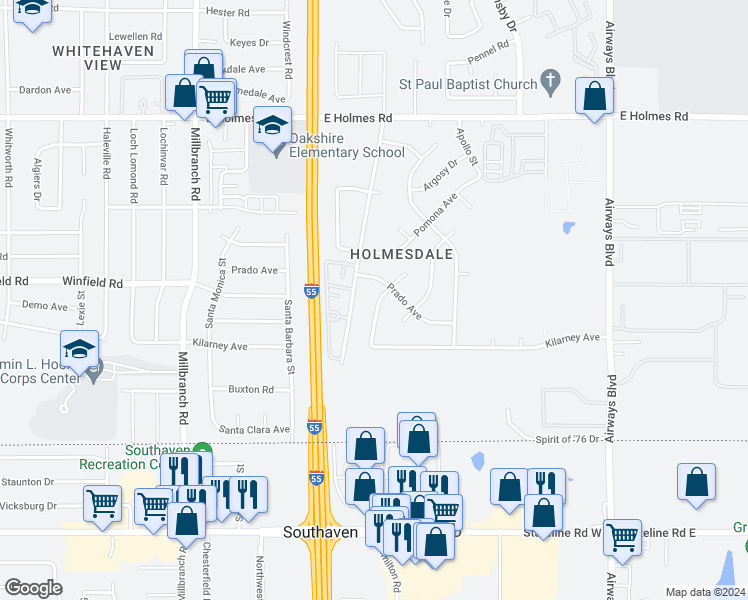 map of restaurants, bars, coffee shops, grocery stores, and more near 5435 Lastrada Street in Memphis