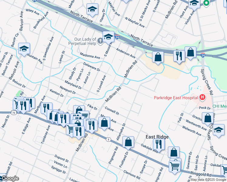 map of restaurants, bars, coffee shops, grocery stores, and more near 1113 Mcbrien Road in Chattanooga