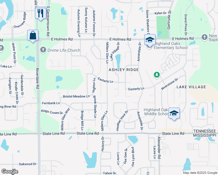 map of restaurants, bars, coffee shops, grocery stores, and more near 5428 Millers Glen Lane in Memphis