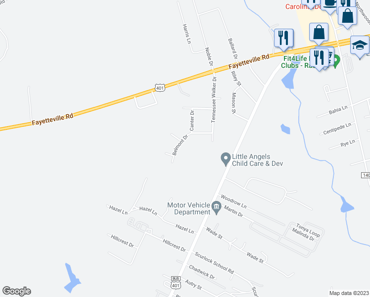 map of restaurants, bars, coffee shops, grocery stores, and more near 285 Belmont Drive in Raeford
