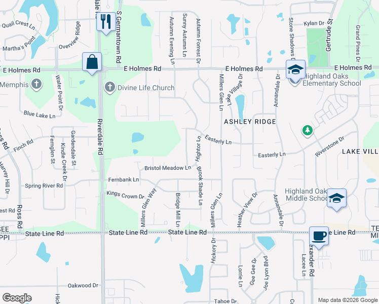map of restaurants, bars, coffee shops, grocery stores, and more near 5447 Hightor Lane in Memphis