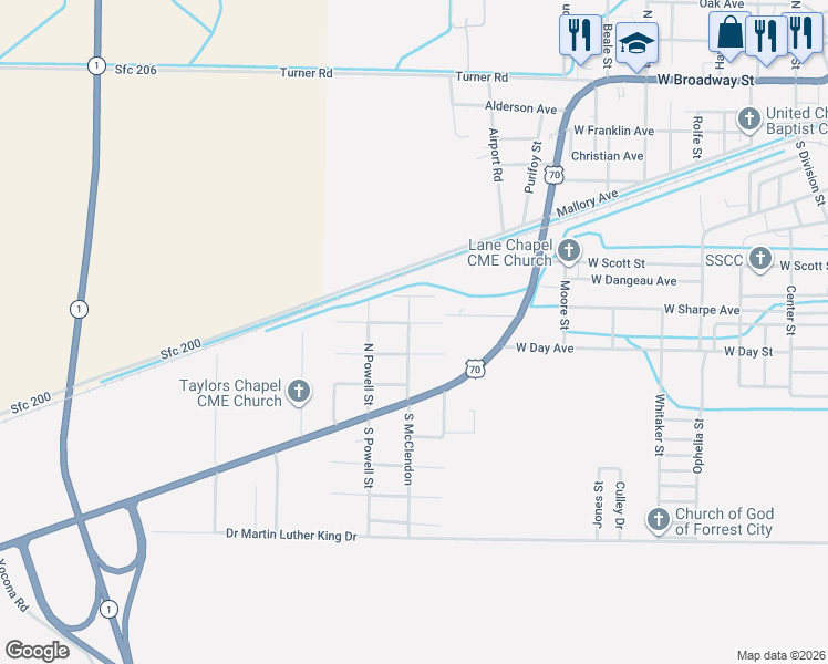 map of restaurants, bars, coffee shops, grocery stores, and more near 1916 Peevey Avenue in Forrest City