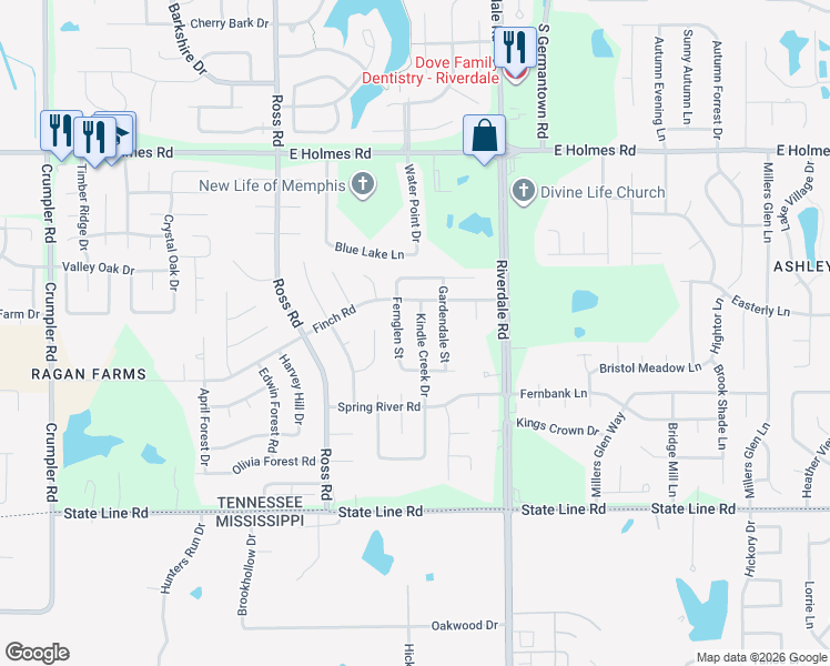 map of restaurants, bars, coffee shops, grocery stores, and more near 5449 Fernglen Street in Memphis