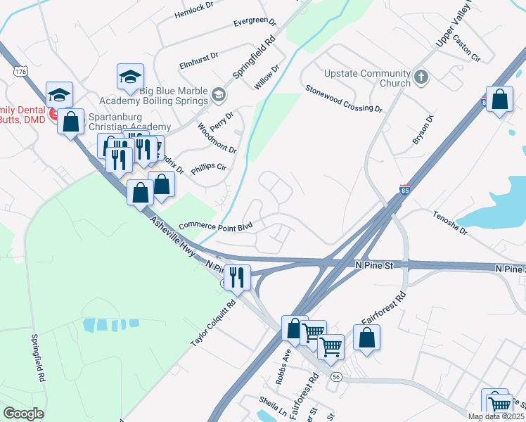 map of restaurants, bars, coffee shops, grocery stores, and more near 390 Still Water Circle in Boiling Springs