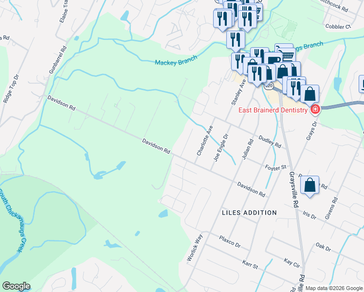 map of restaurants, bars, coffee shops, grocery stores, and more near 7707 Davidson Road in Chattanooga