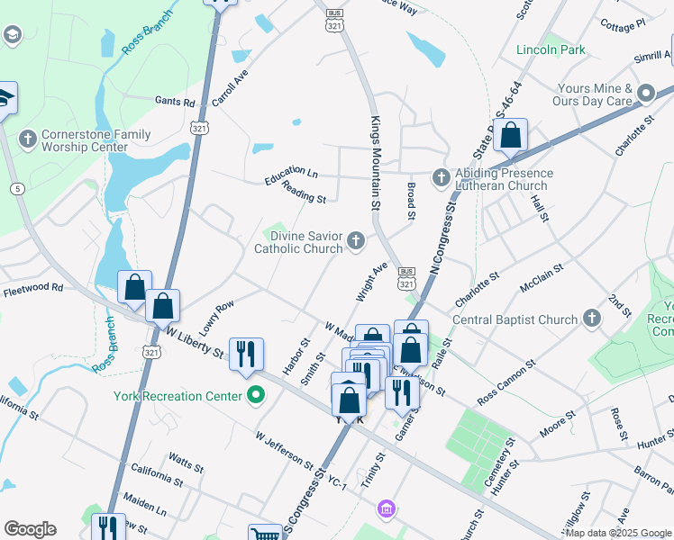 map of restaurants, bars, coffee shops, grocery stores, and more near 210 Herndon Avenue in York