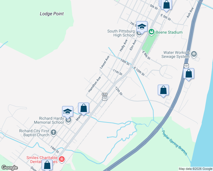 map of restaurants, bars, coffee shops, grocery stores, and more near 1207 Holly Avenue in South Pittsburg