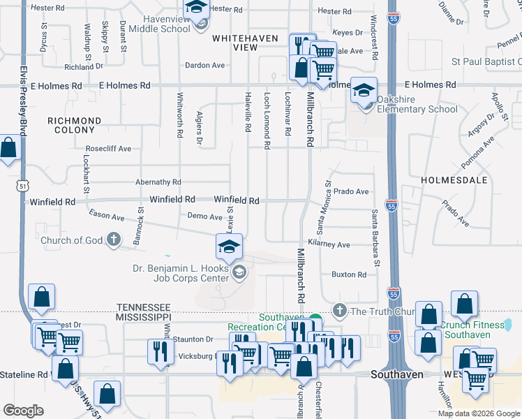 map of restaurants, bars, coffee shops, grocery stores, and more near 545 Kilarney Avenue in Memphis