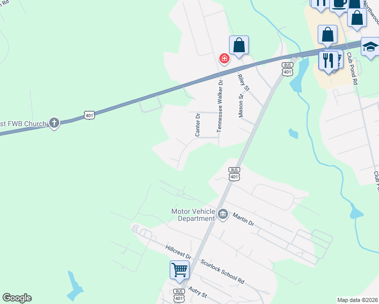 map of restaurants, bars, coffee shops, grocery stores, and more near 345 Belmont Drive in Raeford