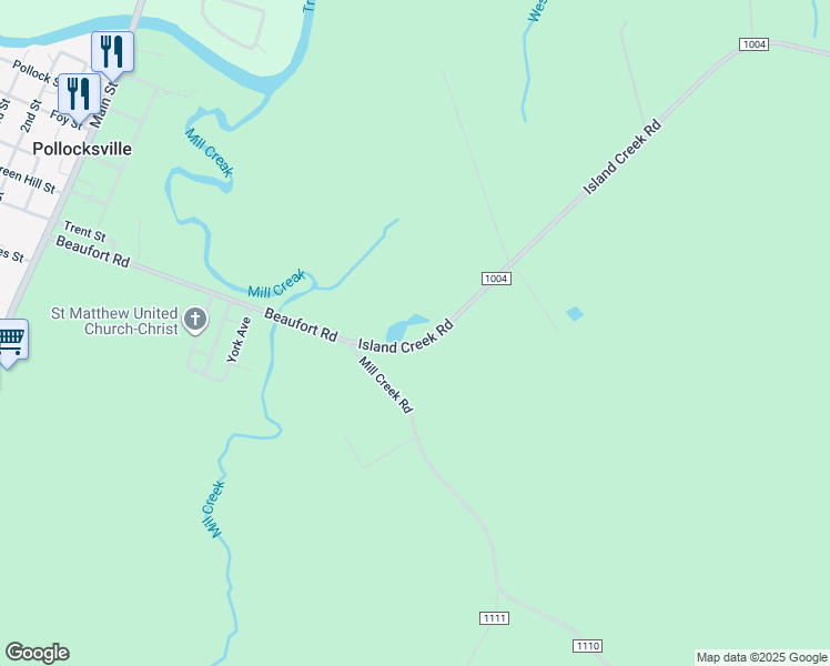 map of restaurants, bars, coffee shops, grocery stores, and more near 177 Island Creek Road in Pollocksville