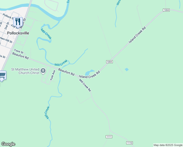 map of restaurants, bars, coffee shops, grocery stores, and more near 177 Island Creek Road in Pollocksville