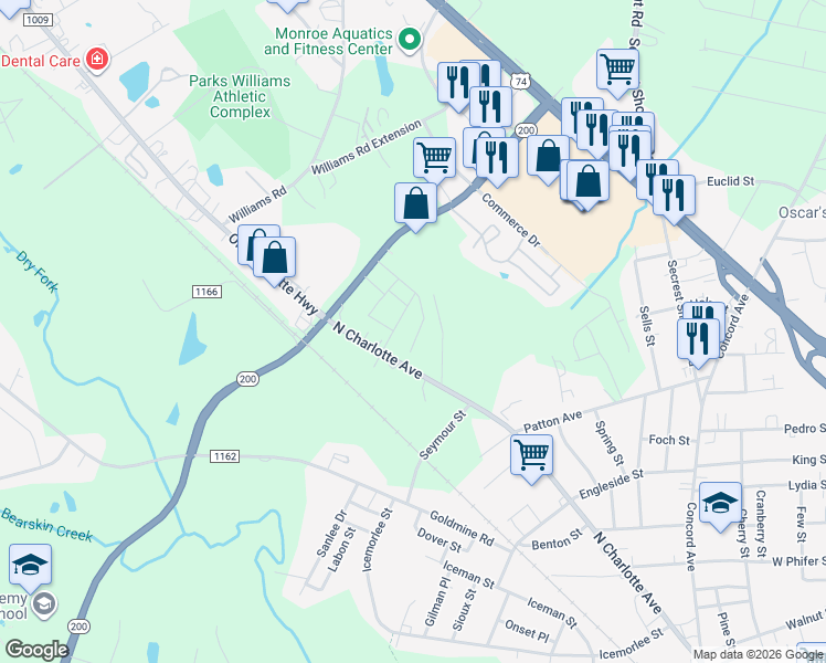 map of restaurants, bars, coffee shops, grocery stores, and more near 1804 North Charlotte Avenue in Monroe