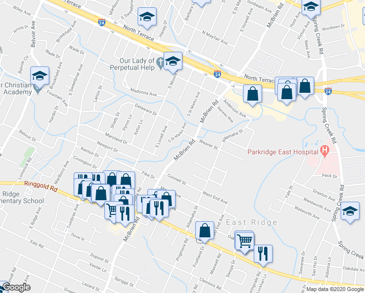 map of restaurants, bars, coffee shops, grocery stores, and more near 1118 Mcbrien Road in Chattanooga