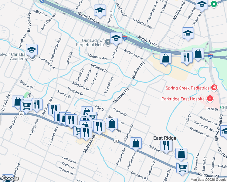 map of restaurants, bars, coffee shops, grocery stores, and more near 1125 Mcbrien Road in Chattanooga
