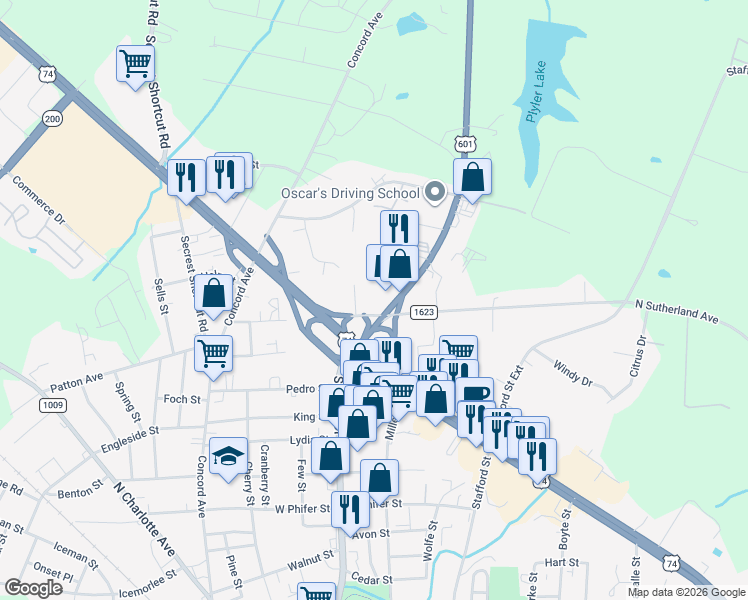 map of restaurants, bars, coffee shops, grocery stores, and more near 1801 Skyway Drive in Monroe