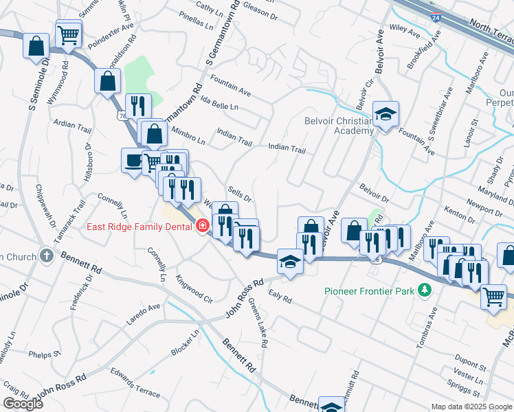map of restaurants, bars, coffee shops, grocery stores, and more near 1042 Hibbler Circle in Chattanooga