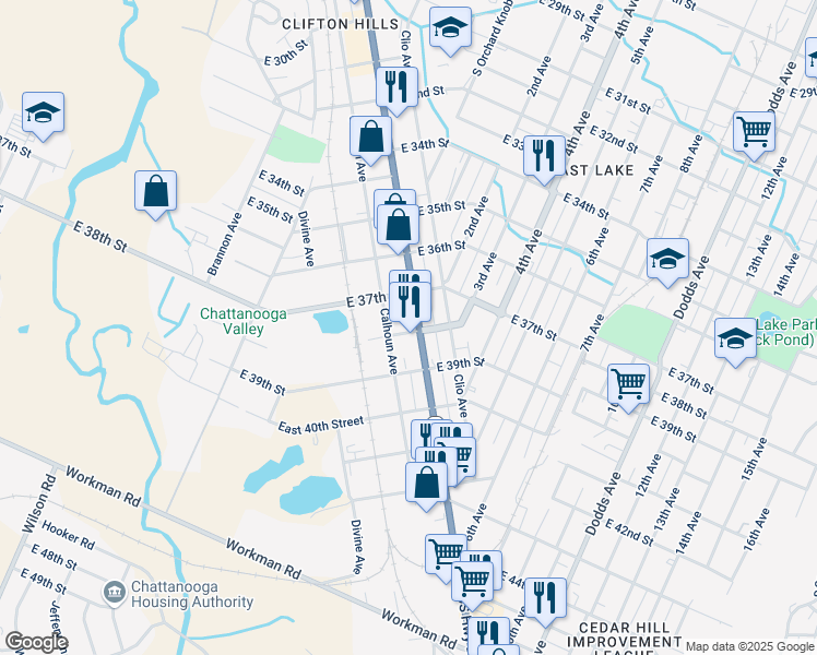 map of restaurants, bars, coffee shops, grocery stores, and more near 3715 Rossville Blvd in Chattanooga