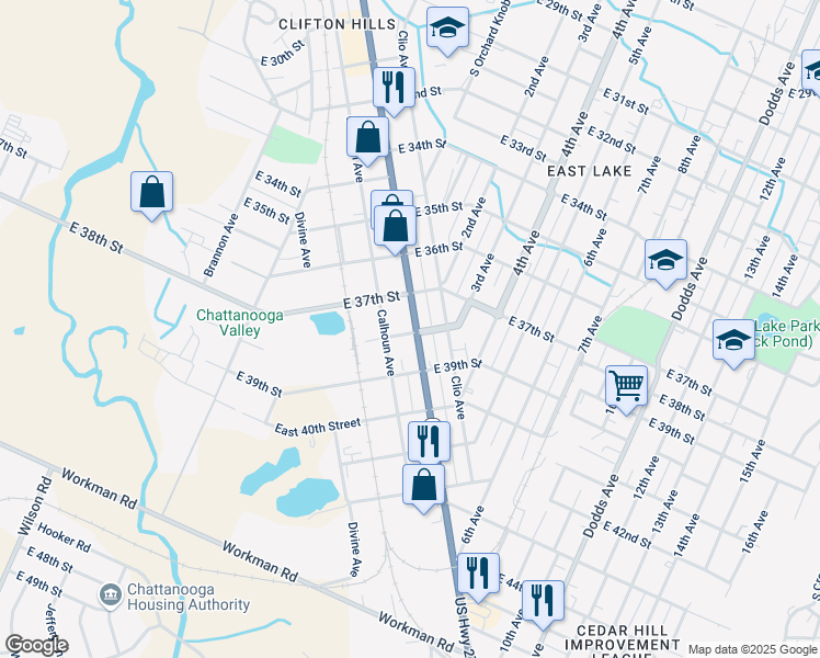 map of restaurants, bars, coffee shops, grocery stores, and more near 3715 Rossville Boulevard in Chattanooga