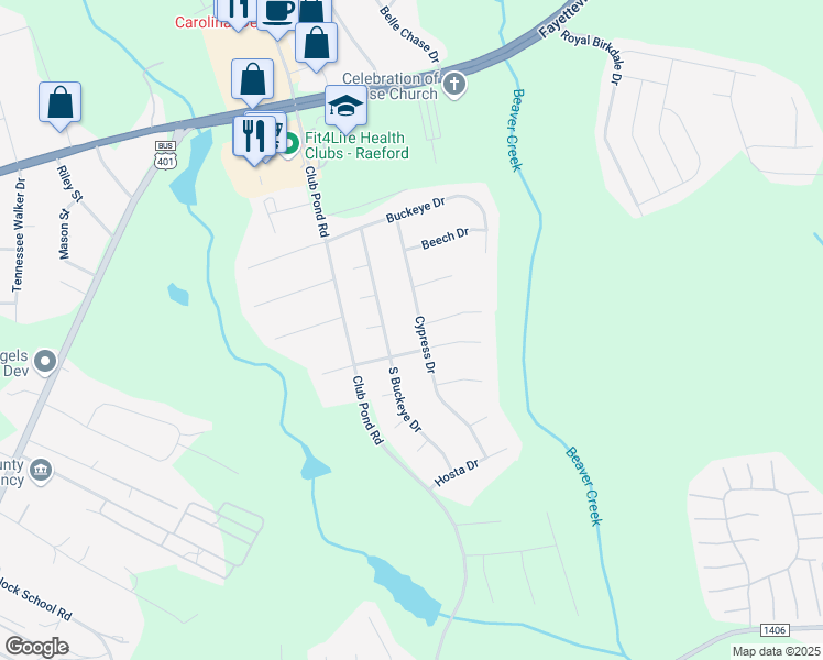 map of restaurants, bars, coffee shops, grocery stores, and more near 204 Cypress Drive in Raeford