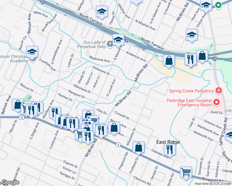 map of restaurants, bars, coffee shops, grocery stores, and more near 1109 South Saint Marks Avenue in Chattanooga
