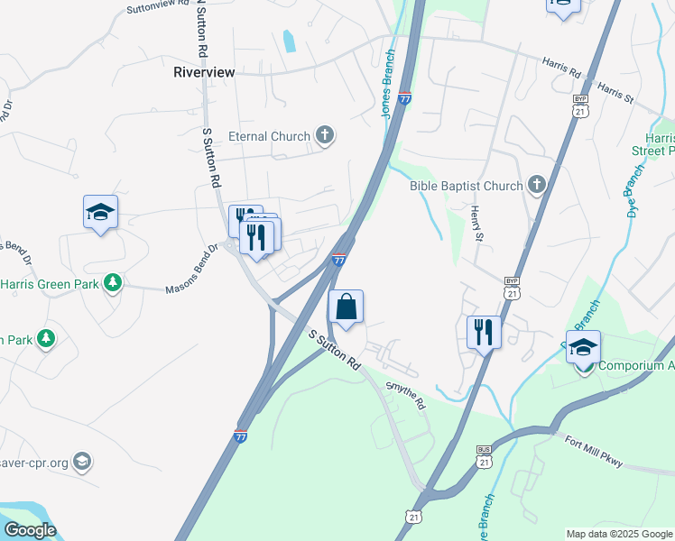 map of restaurants, bars, coffee shops, grocery stores, and more near Interstate 77 in Fort Mill
