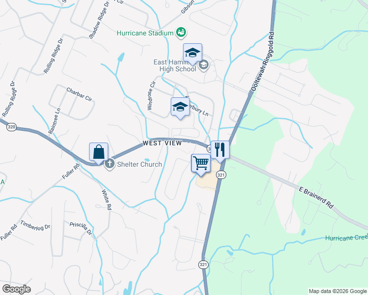 map of restaurants, bars, coffee shops, grocery stores, and more near 9632 East Brainerd Road in Chattanooga