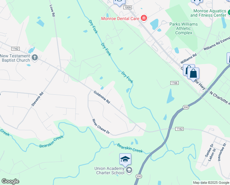 map of restaurants, bars, coffee shops, grocery stores, and more near 2214 Goldmine Road in Monroe