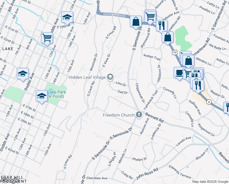 map of restaurants, bars, coffee shops, grocery stores, and more near 3408 Lisa Drive in Chattanooga