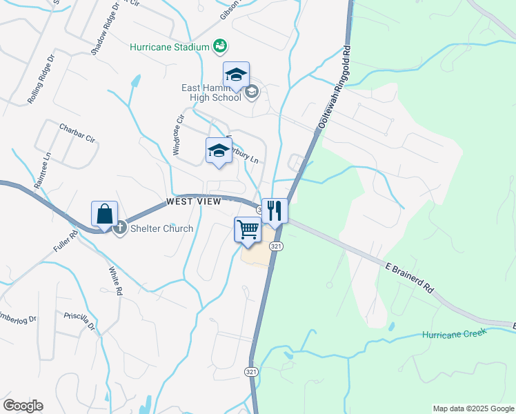 map of restaurants, bars, coffee shops, grocery stores, and more near 9629 East Brainerd Road in Chattanooga