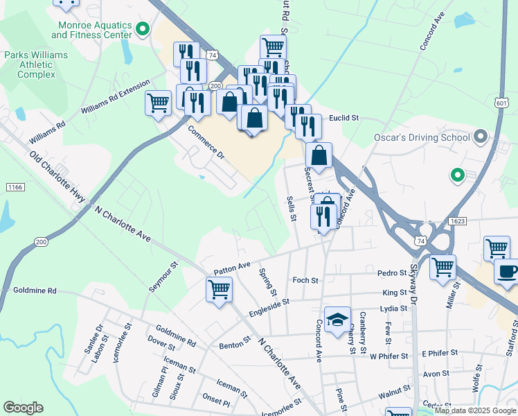 map of restaurants, bars, coffee shops, grocery stores, and more near 2127 Commerce Dr in Monroe