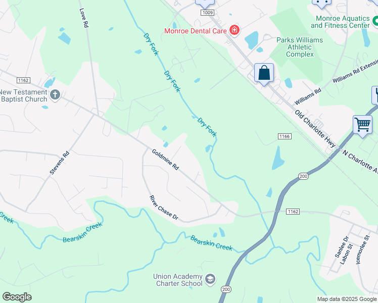 map of restaurants, bars, coffee shops, grocery stores, and more near 2214 Goldmine Road in Monroe