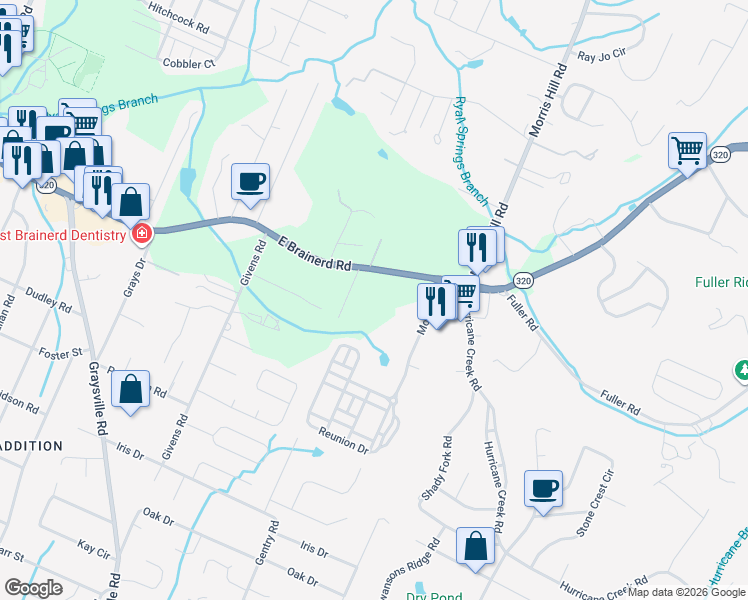 map of restaurants, bars, coffee shops, grocery stores, and more near 8512 East Brainerd Road in Chattanooga