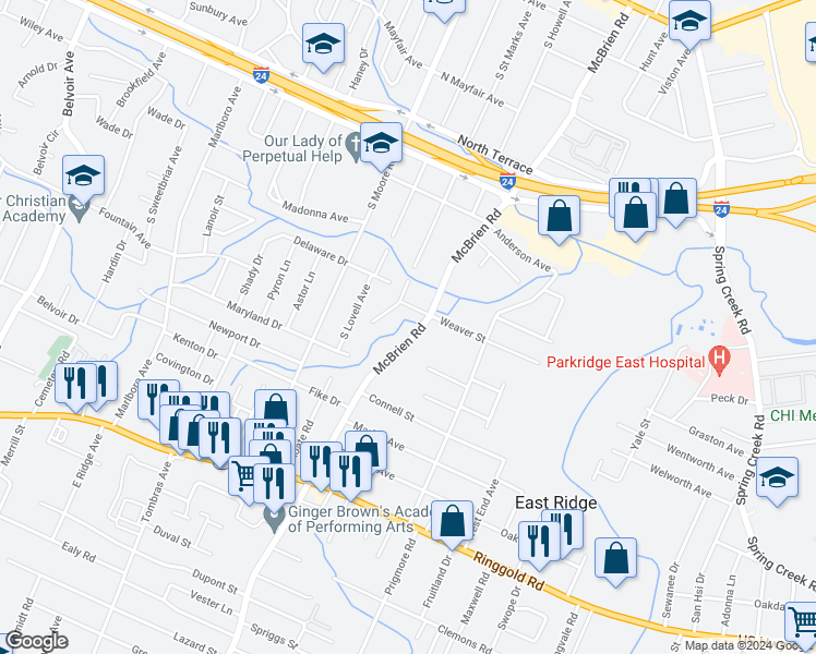map of restaurants, bars, coffee shops, grocery stores, and more near 520 Weaver Street in East Ridge