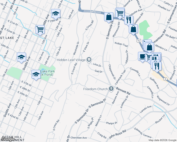 map of restaurants, bars, coffee shops, grocery stores, and more near 3400 Lisa Drive in Chattanooga