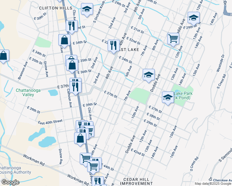 map of restaurants, bars, coffee shops, grocery stores, and more near 3608 5th Avenue in Chattanooga