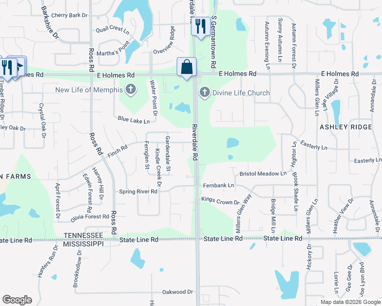 map of restaurants, bars, coffee shops, grocery stores, and more near 6933 Finch Road in Memphis
