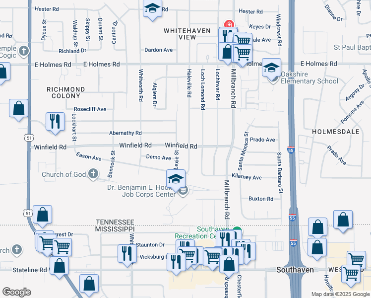 map of restaurants, bars, coffee shops, grocery stores, and more near 1546 Winfield Road in Memphis