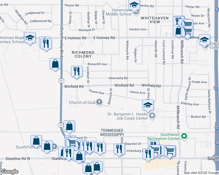 map of restaurants, bars, coffee shops, grocery stores, and more near 1382 Winfield Road in Memphis