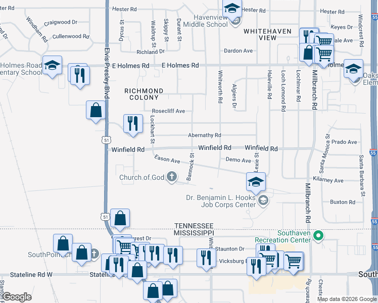 map of restaurants, bars, coffee shops, grocery stores, and more near 1382 Winfield Road in Memphis