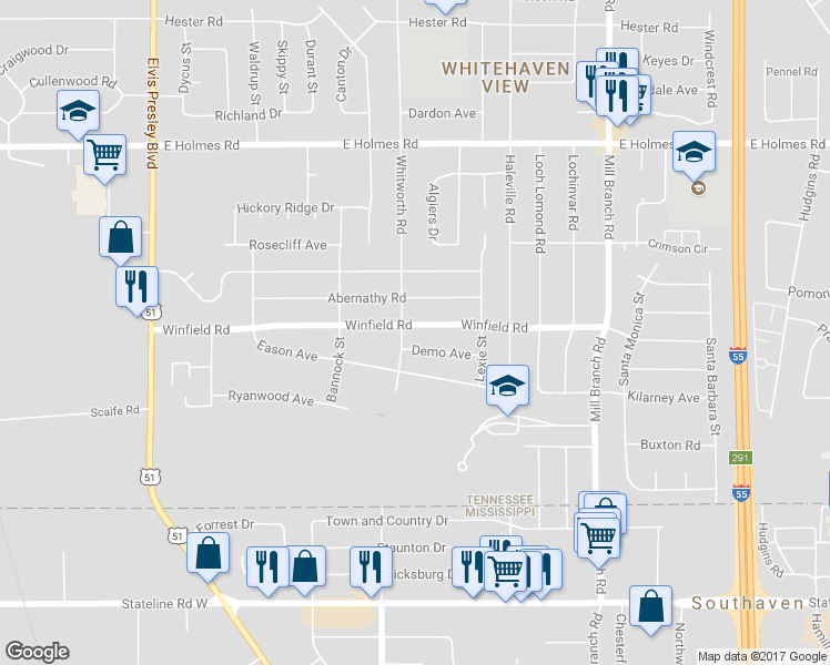 map of restaurants, bars, coffee shops, grocery stores, and more near 1459 Winfield Road in Memphis