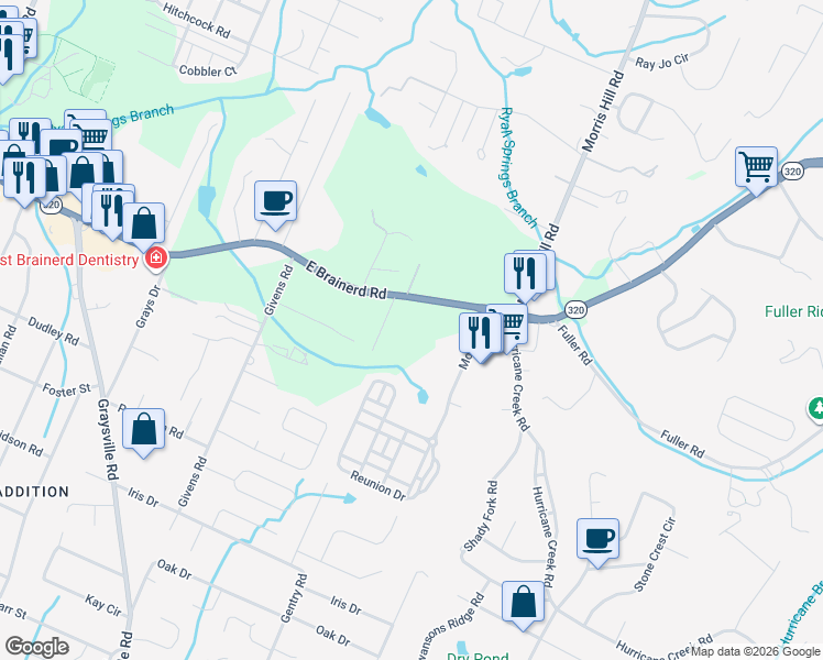 map of restaurants, bars, coffee shops, grocery stores, and more near 8512 East Brainerd Road in Chattanooga