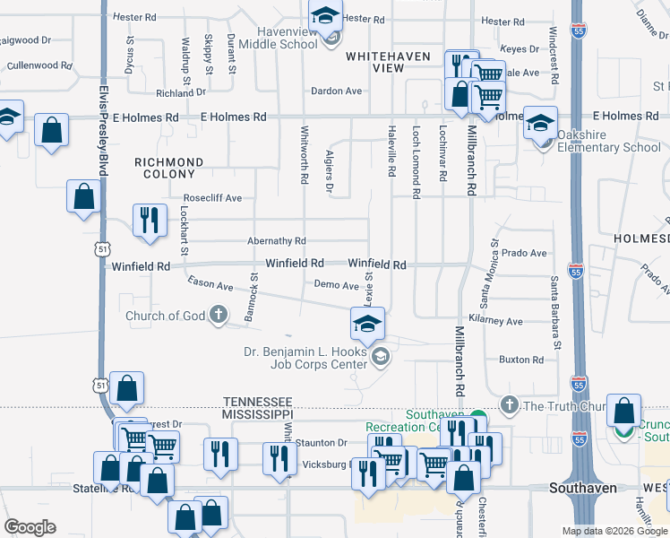 map of restaurants, bars, coffee shops, grocery stores, and more near 1508 Winfield Road in Memphis