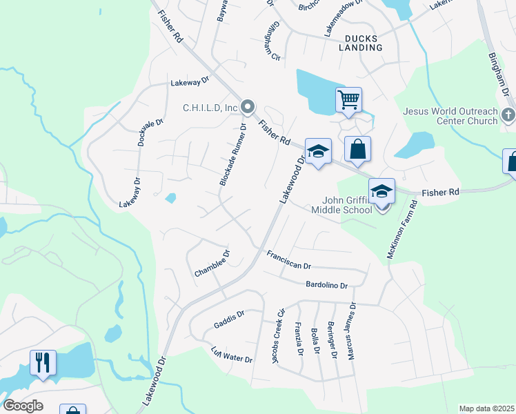 map of restaurants, bars, coffee shops, grocery stores, and more near 2901 Helmsman Drive in Fayetteville