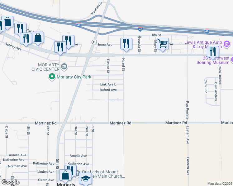 map of restaurants, bars, coffee shops, grocery stores, and more near 205 Buford Avenue in Moriarty