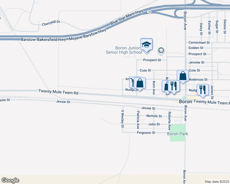 map of restaurants, bars, coffee shops, grocery stores, and more near 26447 Twenty Mule Team Road in Boron