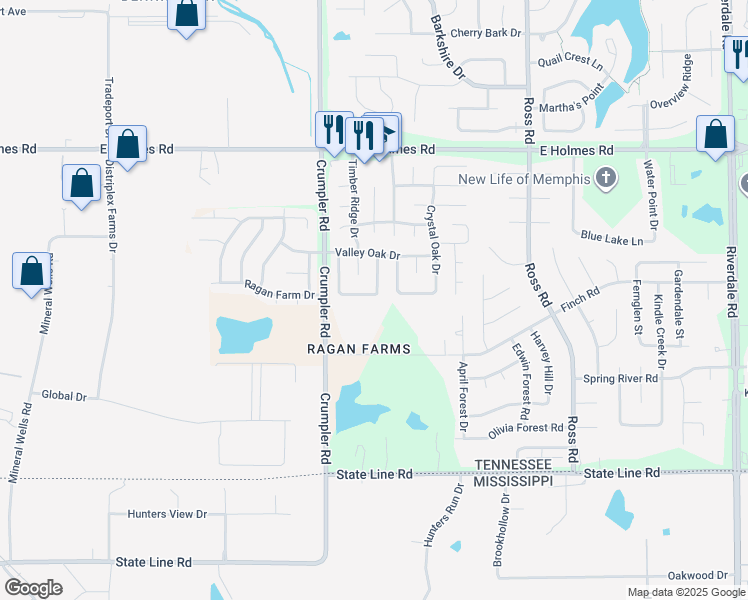 map of restaurants, bars, coffee shops, grocery stores, and more near 6484 Trysting Oak Drive in Memphis