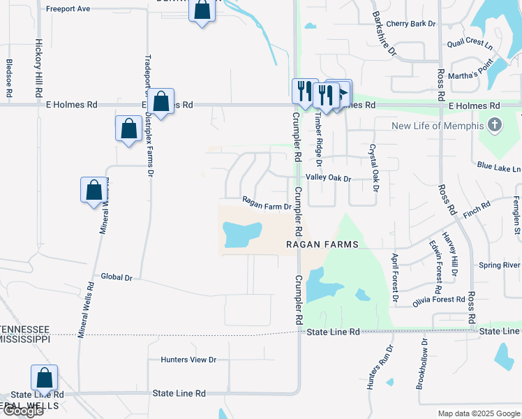 map of restaurants, bars, coffee shops, grocery stores, and more near 6390 Ragan Farm Drive in Memphis