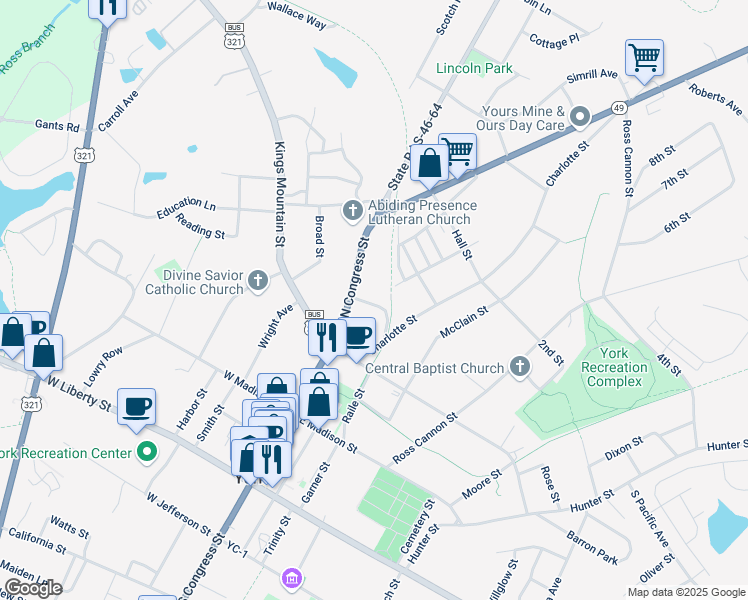 map of restaurants, bars, coffee shops, grocery stores, and more near 304 North Congress Street in York