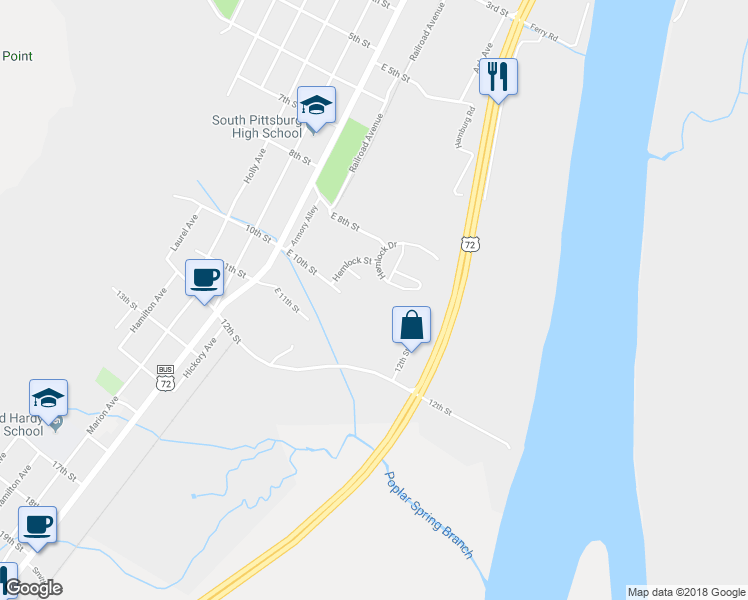 map of restaurants, bars, coffee shops, grocery stores, and more near 201 East 10th Street in South Pittsburg