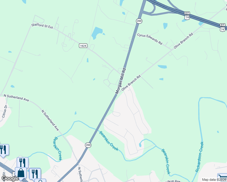 map of restaurants, bars, coffee shops, grocery stores, and more near 2223 Olive Branch Road in Monroe